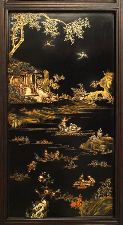 Chinese Quing Dynasty Polychrome Lacquered 4 Fold Screen