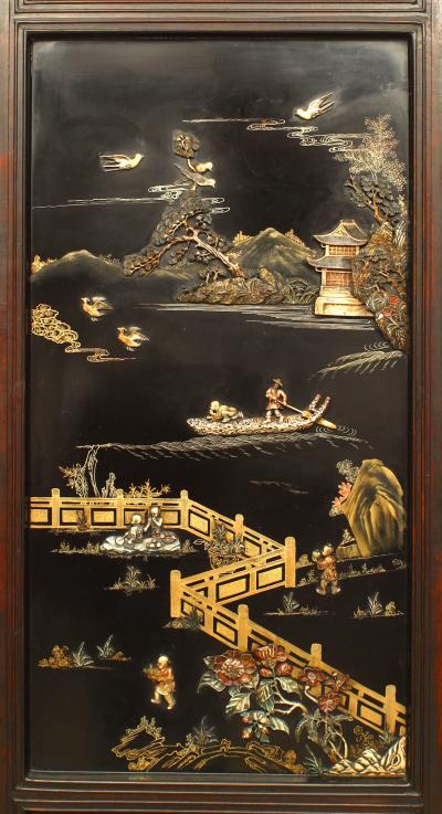 Chinese Quing Dynasty Polychrome Lacquered 4 Fold Screen