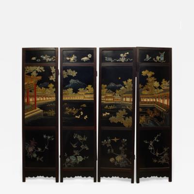 Chinese Quing Dynasty Polychrome Lacquered 4 Fold Screen