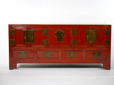 Chinese Red Lacquered Sideboard Low Center Table Four Drawers