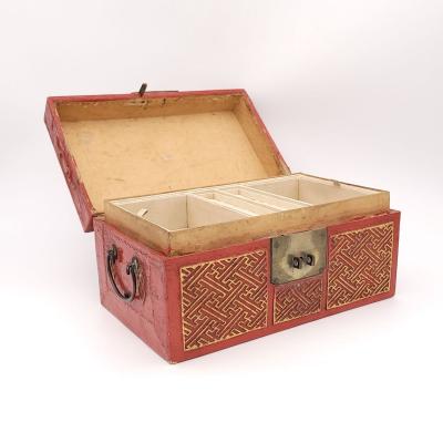 Chinese Red Lacquered and Gilt Pig Skin Jewelry Box circa 1900