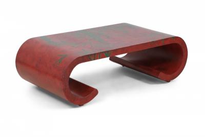 Chinese Red and Green Bamboo Motif Scroll Cocktail Coffee Table