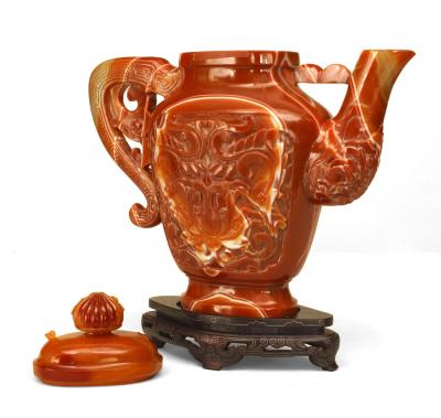 Chinese Rust Agate Carved Teapot with Stand