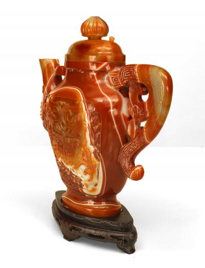 Chinese Rust Agate Carved Teapot with Stand