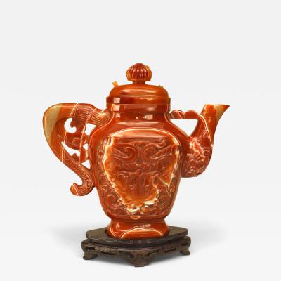 Chinese Rust Agate Carved Teapot with Stand
