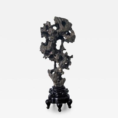 Chinese Scholar Rock Black Taihu Stone on Wood Stand