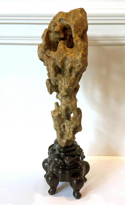Chinese Scholar Rock Yellow Taihu Stone on Wood Stand