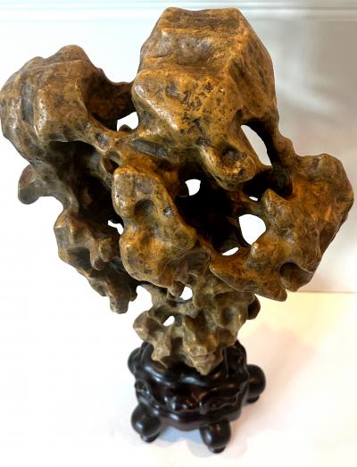 Chinese Scholar Rock Yellow Taihu Stone on Wood Stand