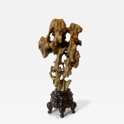 Chinese Scholar Rock Yellow Taihu Stone on Wood Stand