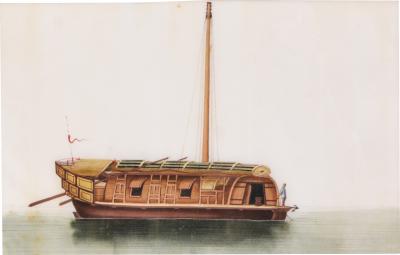 Chinese School Chinese Export Watercolours on Pith Paper set of twelve Junks and Barges