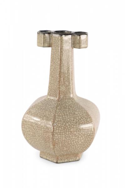 Chinese Six Sided Beige Crackled Porcelain Vase