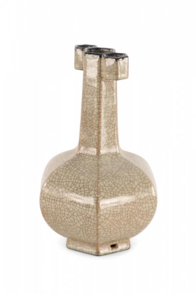 Chinese Six Sided Beige Crackled Porcelain Vase