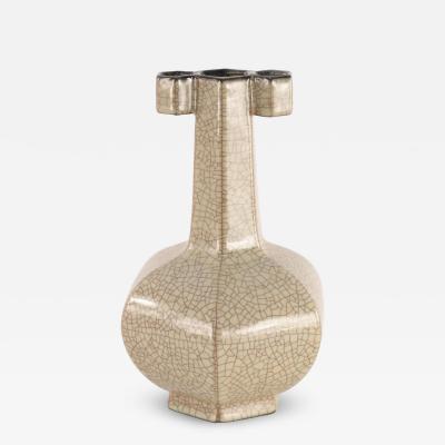 Chinese Six Sided Beige Crackled Porcelain Vase