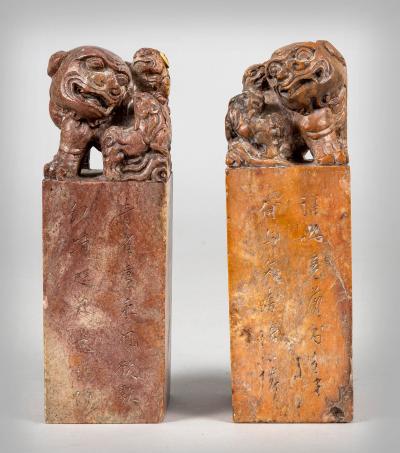 Chinese Soapstone Foo Dog Chops or Seals a Pair