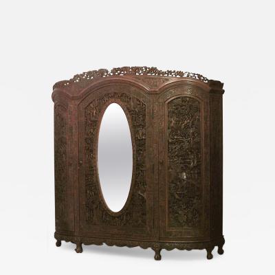 Chinese Style Carved Teakwood Armoire
