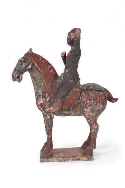 Chinese Tang Dynasty Style Man and Horse Terra Cotta Tomb Figure