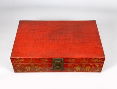 Chinese Tibetan Red Lacquered Leather Trunk
