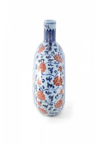 Chinese White Blue and Orange Floral Moon Flask Vase
