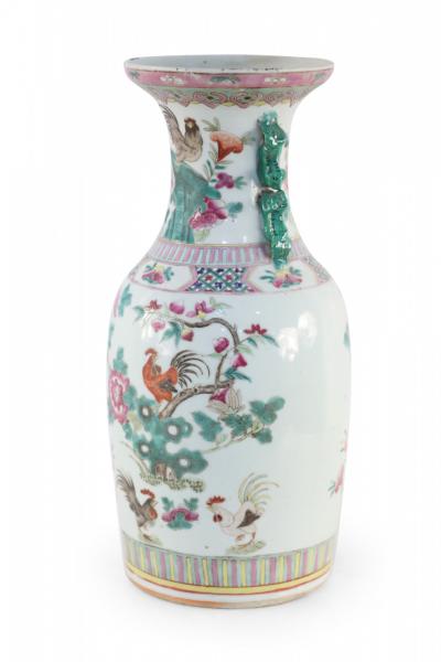 Chinese White Green and Pink Floral and Rooster Design Porcelain Urn