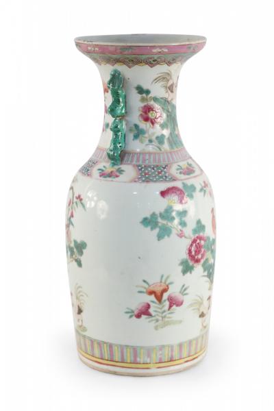 Chinese White Green and Pink Floral and Rooster Design Porcelain Urn