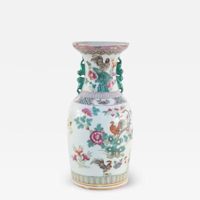 Chinese White Green and Pink Floral and Rooster Design Porcelain Urn