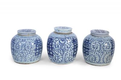 Chinese White and Blue Character Lidded Ginger Jar Vases