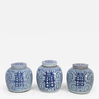 Chinese White and Blue Character Lidded Ginger Jar Vases