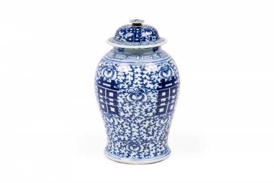 Chinese White and Blue Character and Floral Urn