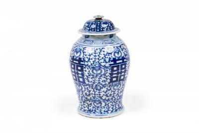 Chinese White and Blue Character and Floral Urn
