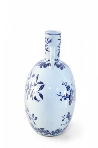 Chinese White and Blue Cherry Blossom Porcelain Moon Flask Vase