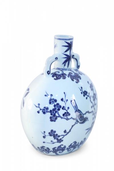 Chinese White and Blue Cherry Blossom Porcelain Moon Flask Vase