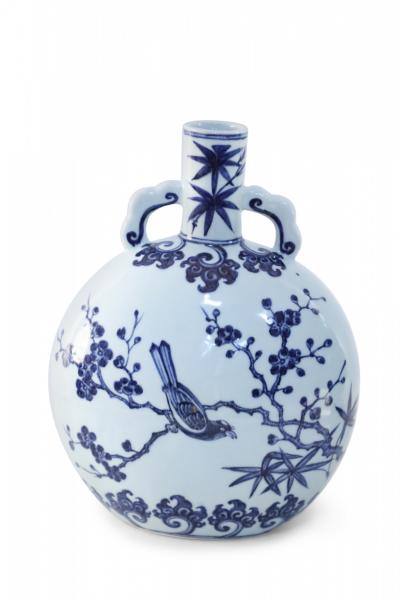 Chinese White and Blue Cherry Blossom Porcelain Moon Flask Vase