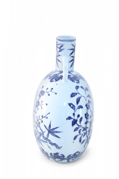 Chinese White and Blue Cherry Blossom Porcelain Moon Flask Vase