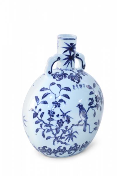 Chinese White and Blue Cherry Blossom Porcelain Moon Flask Vase