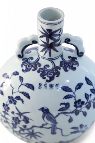 Chinese White and Blue Cherry Blossom Porcelain Moon Flask Vase