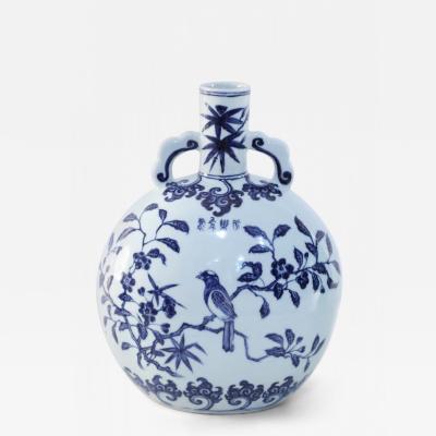 Chinese White and Blue Cherry Blossom Porcelain Moon Flask Vase