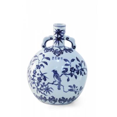 Chinese White and Blue Cherry Blossom Porcelain Moon Flask Vase