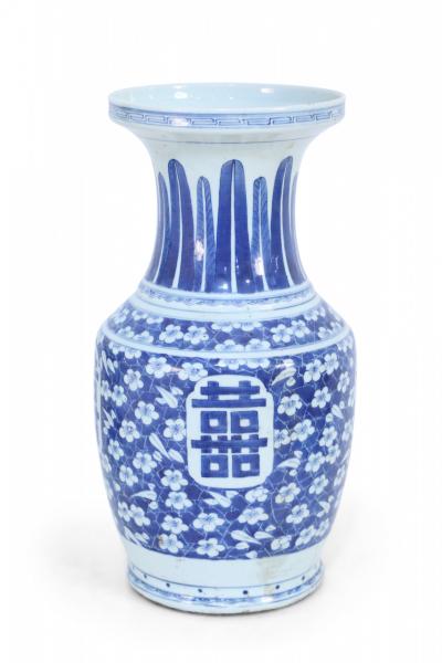 Chinese White and Blue Feather and Floral Motif Porcelain Urn