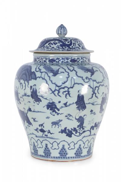 Chinese White and Blue Figurative Porcelain Ginger Jar