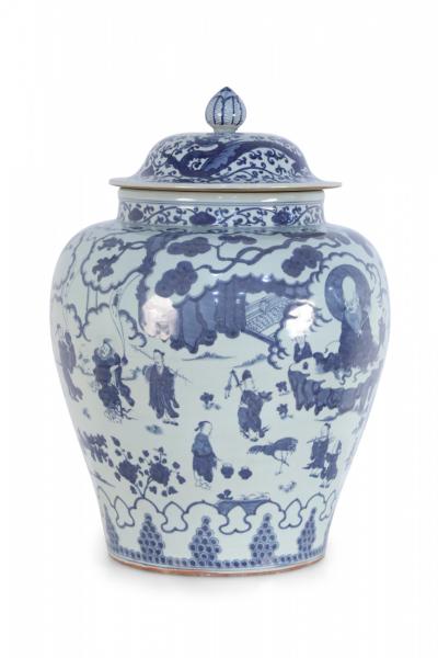 Chinese White and Blue Figurative Porcelain Ginger Jar