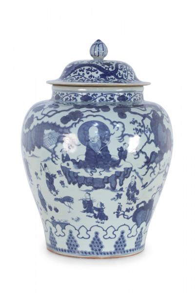 Chinese White and Blue Figurative Porcelain Ginger Jar
