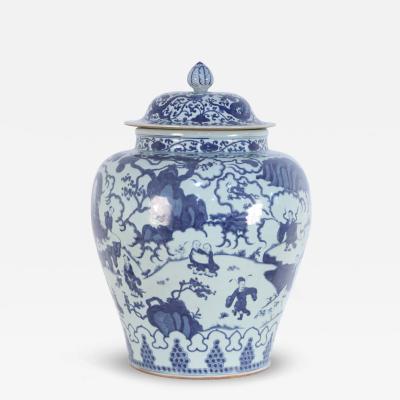Chinese White and Blue Figurative Porcelain Ginger Jar