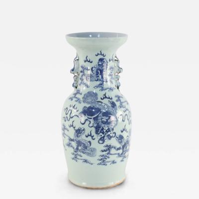 Chinese White and Blue Foo Dog Design Porcelain Urn