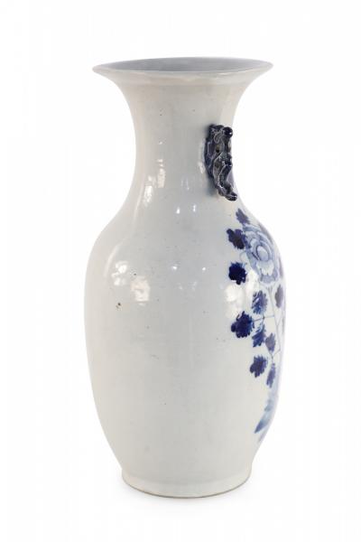 Chinese White and Blue Lily Pad and Floral Design Porcelain Urn