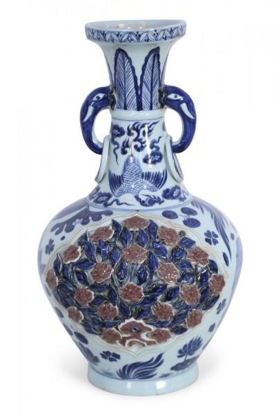 Chinese White and Blue Raised Rose Bush Design Porcelain Vase