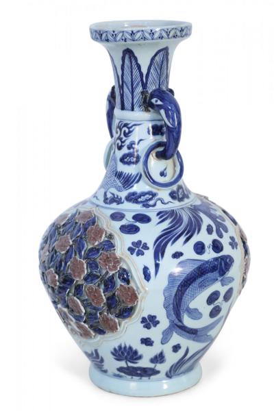 Chinese White and Blue Raised Rose Bush Design Porcelain Vase