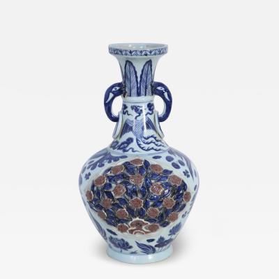 Chinese White and Blue Raised Rose Bush Design Porcelain Vase