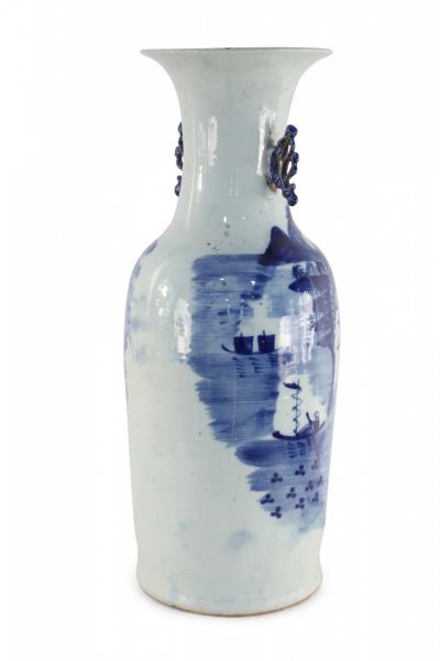 Chinese White and Blue Village Scene Porcelain Urn