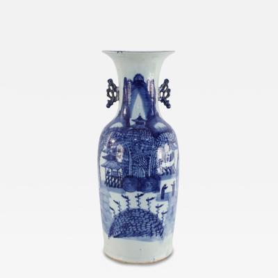 Chinese White and Blue Village Scene Porcelain Urn
