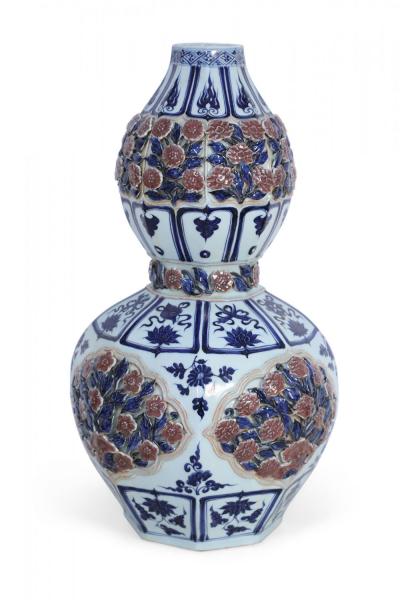 Chinese White and Blue and Raised Rose Design Double Gourd Porcelain Vase